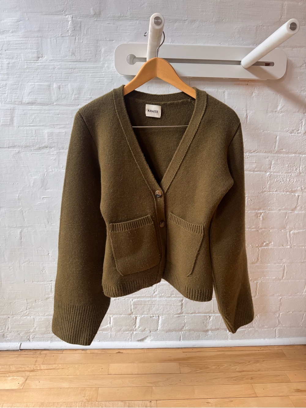 KHAITE Olive Wool V-Neck Pocket Cardigan